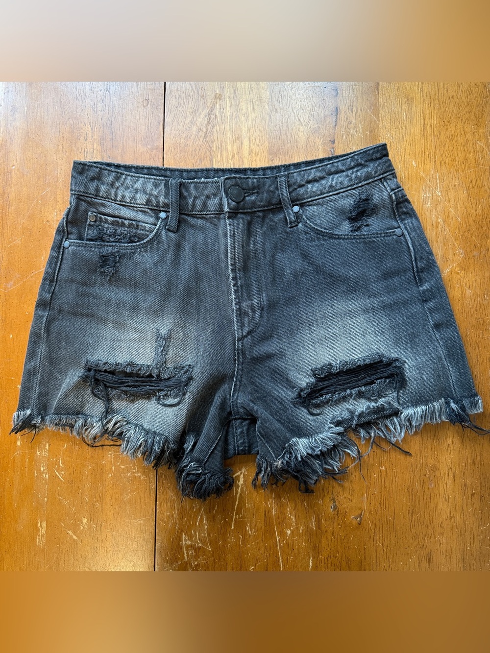 High Waisted Distressed Black Denim Shorts - Size 25